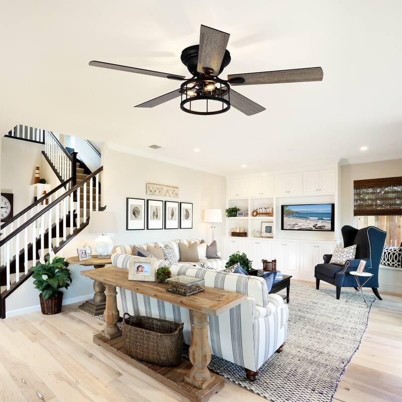 52" 5 Blade Flush Mount Ceiling Fan with Light Remote Control - 52 Inch
