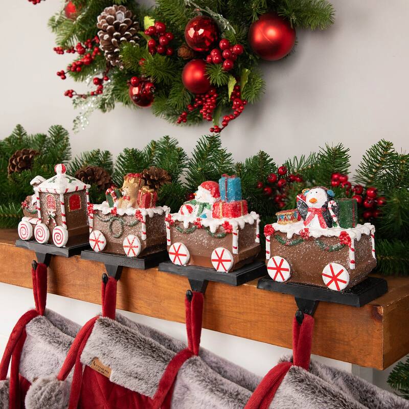 Set of 4 Gingerbread Train Christmas Stocking Holders 4.75"