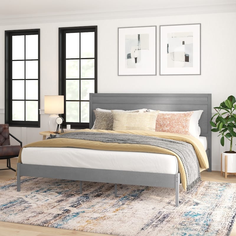 Solid Wood Platform Bed with Headboard and Wooden Slats - Gray - King