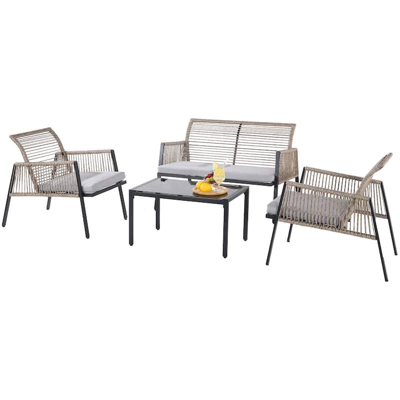 Patio Furniture Set - Outdoor Sectional Sofa All Weather Wicker Rattan Conversation Set with Soft Cushions - 4 pcs