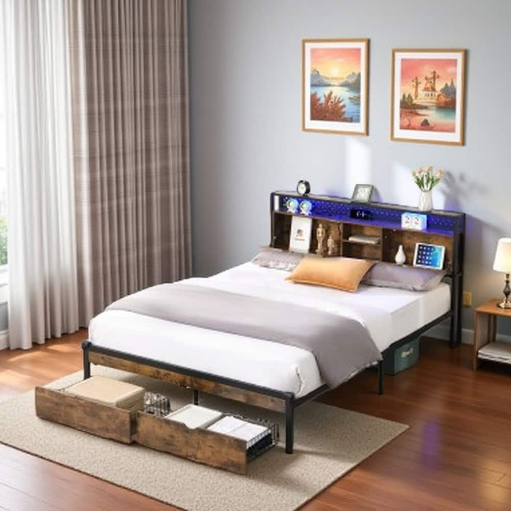 King Size Metal Platform Bed with Wooden Headboard, USB Charging Station, LED Lights, 2 Storage Drawers, No Box Spring Needed