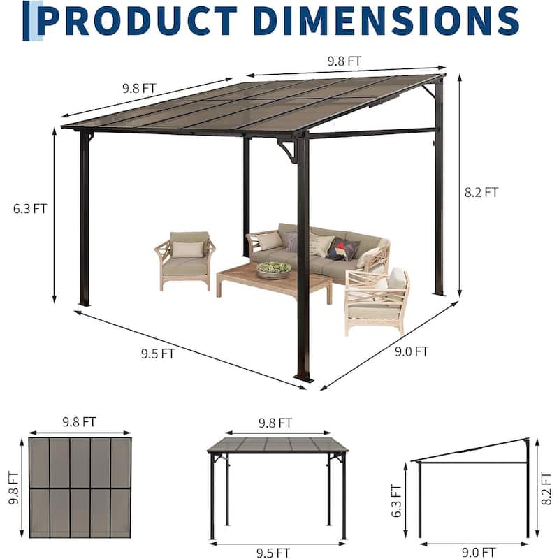 10*10FT Outdoor Metal Awnings Large Gazebo, Hard Top Pergola Wall-Mounted