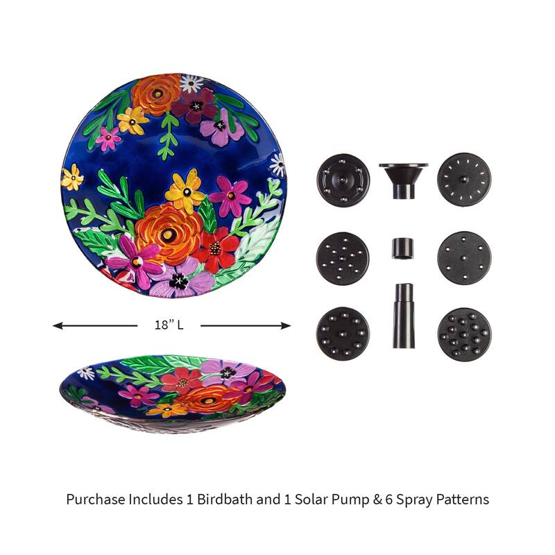 18 in. Hand painted Embossed Bright Florals Glass Birdbath with Solar Fountain