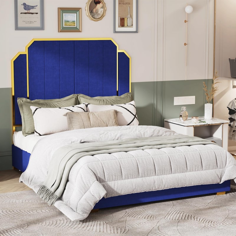 Queen Size Upholstered Bed Frame with 59.06" Headboard and Golden Plating Trim
