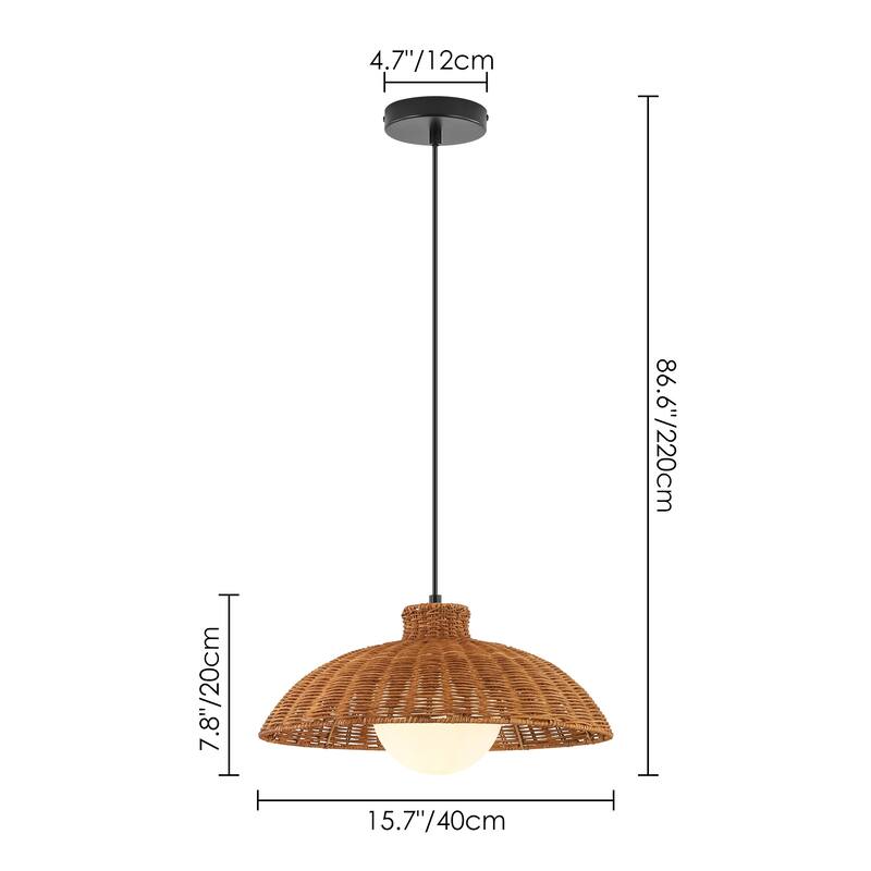 1-Light 15.7" W Farmhouse Brown Woven Rattan Dome Pendant lights for Dining Room, Living Room, Bedroom