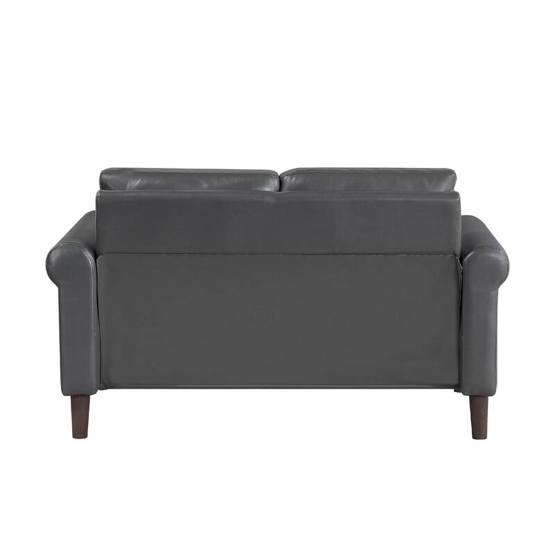 Lo Loveseat w Rolled Arms, Midcentury Dark Gray Faux Leather 57 Inch