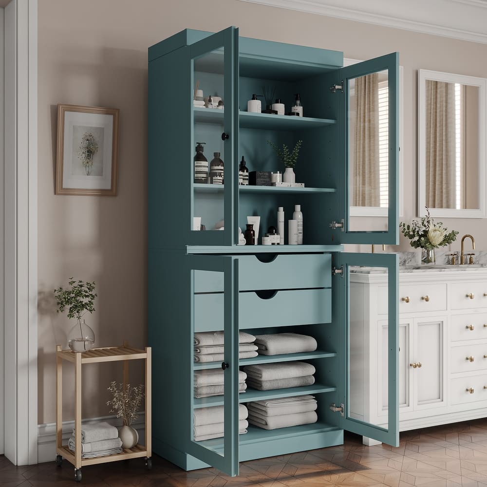 Palace Imports 100% Solid Wood Bathroom Storage Cabinet, Clear Glass Doors, 2 Drawers, Adjustable Shelves, 32" Wide, 71.5" Tall