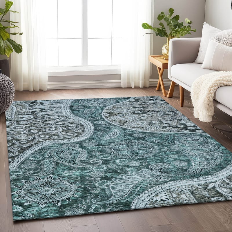 Machine Washable Indoor/ Outdoor Modern Paisley Chantille Rug - Teal - 10' x 14'