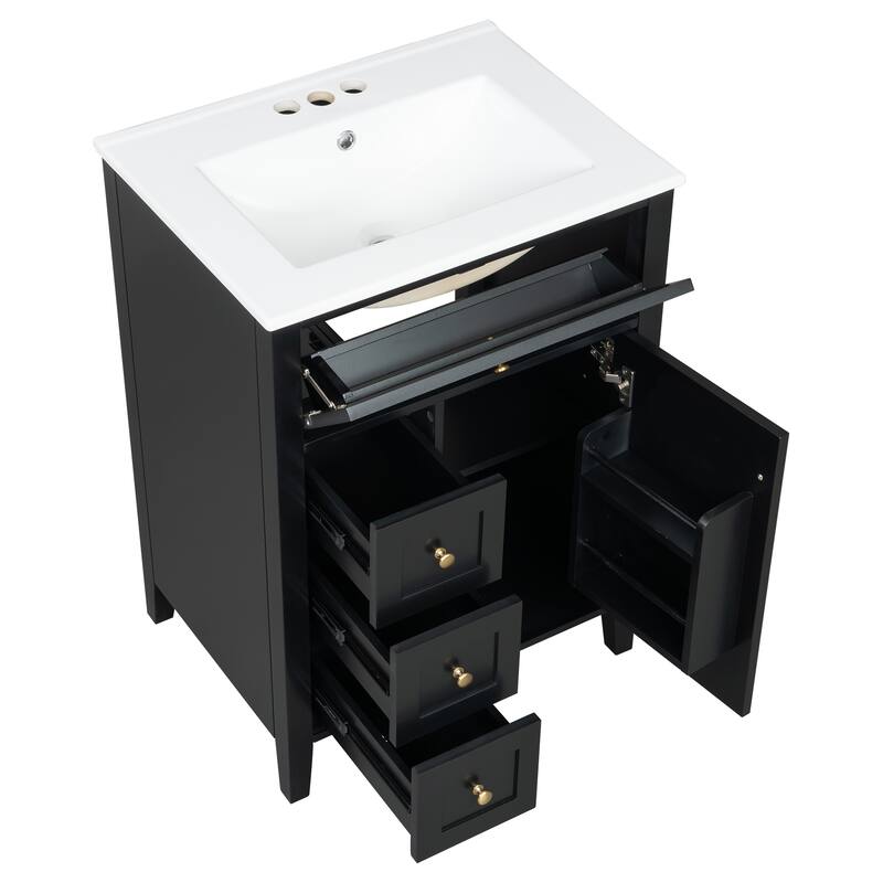 24" Bathroom Vanity With Sink, 3 Drawers & Cabinet With Adjustable Shelves, Modern Design