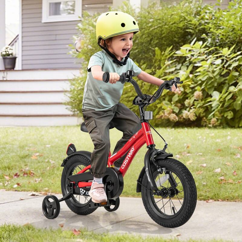 Red Metal Frame Kids Bike with Rubber Tires and Training Wheels Adjustable Handlebar Dual Brakes - 12-Inch