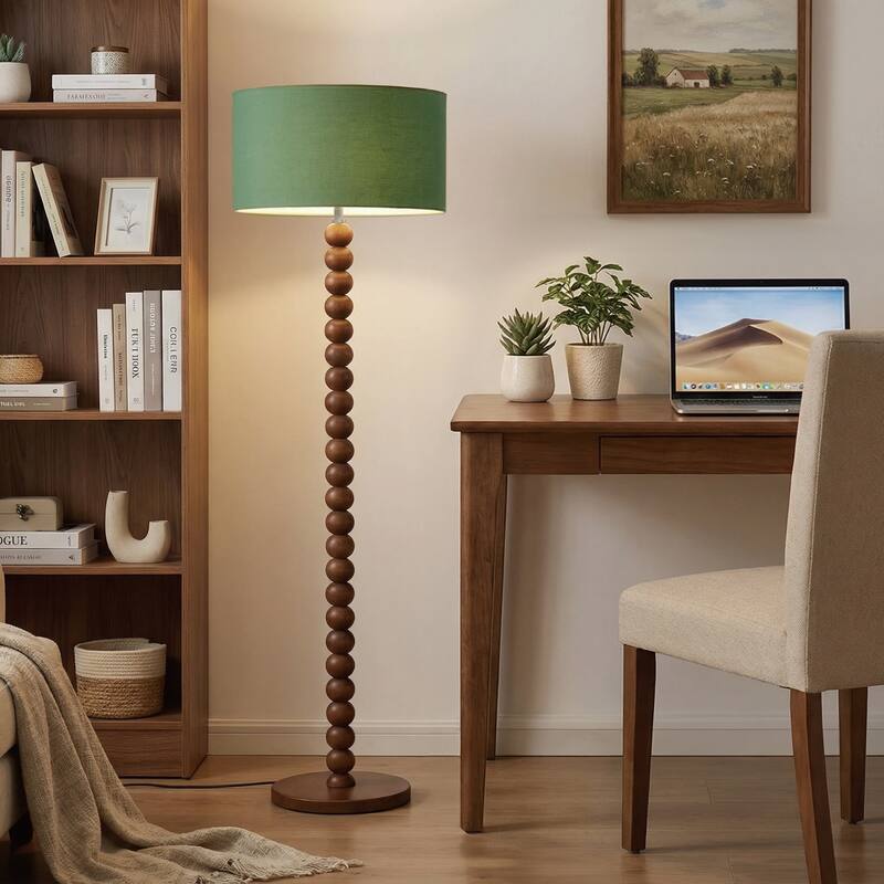 61" Wooden Beaded Floor Lamp, Retro Walnut Finish Standing Lamp with Linen Shade, Rubberwood Base for Living Room, Bedroom