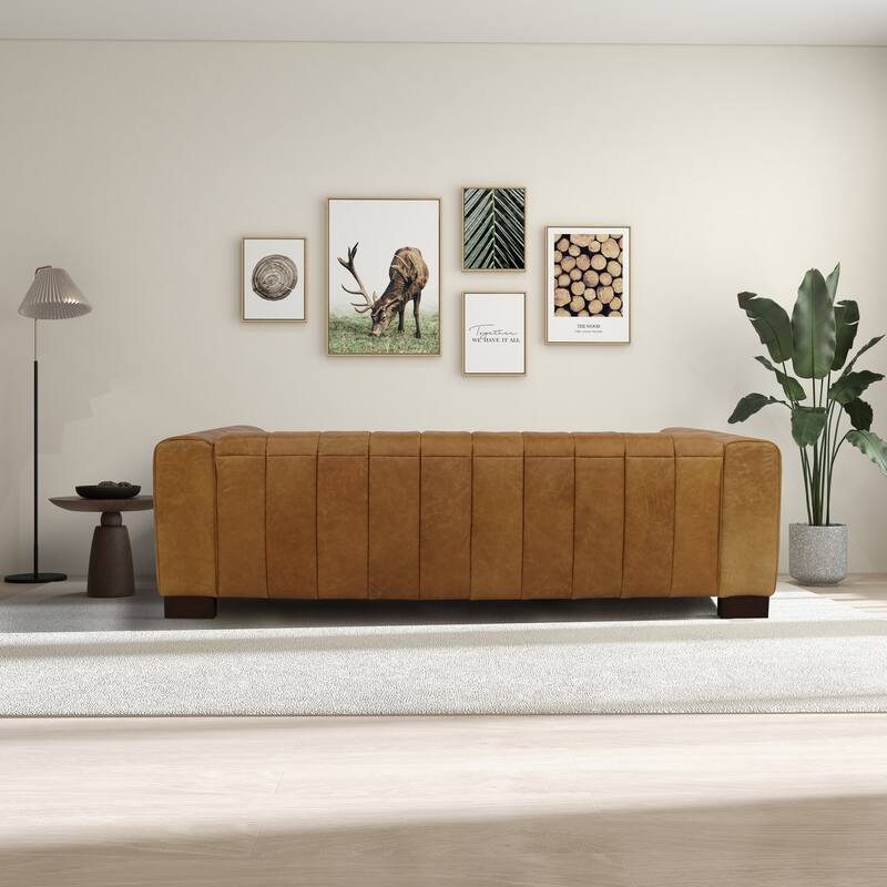 Hazel 93" Wide Mid Century Modern Living Room Leather Couch in Tan