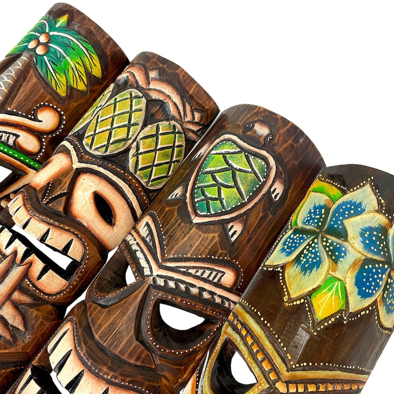 Set Of 4 Hand-Carved 20" Tiki Wall Masks Tropical Hawaiian Decor
