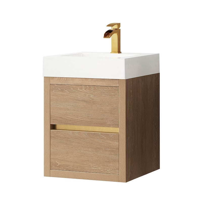 Palencia Single Floating Vanity with White Sink Top without Mirror - 18in. - 18in. - North American Oak
