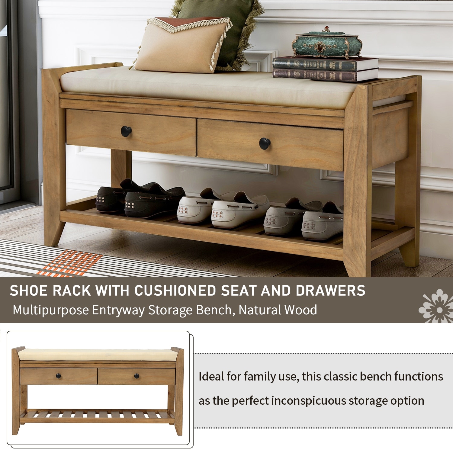 Home Shoe Rack Entryway Storage Bench with Cushion & Drawers, Old Pine -  Bed Bath & Beyond - 34358558