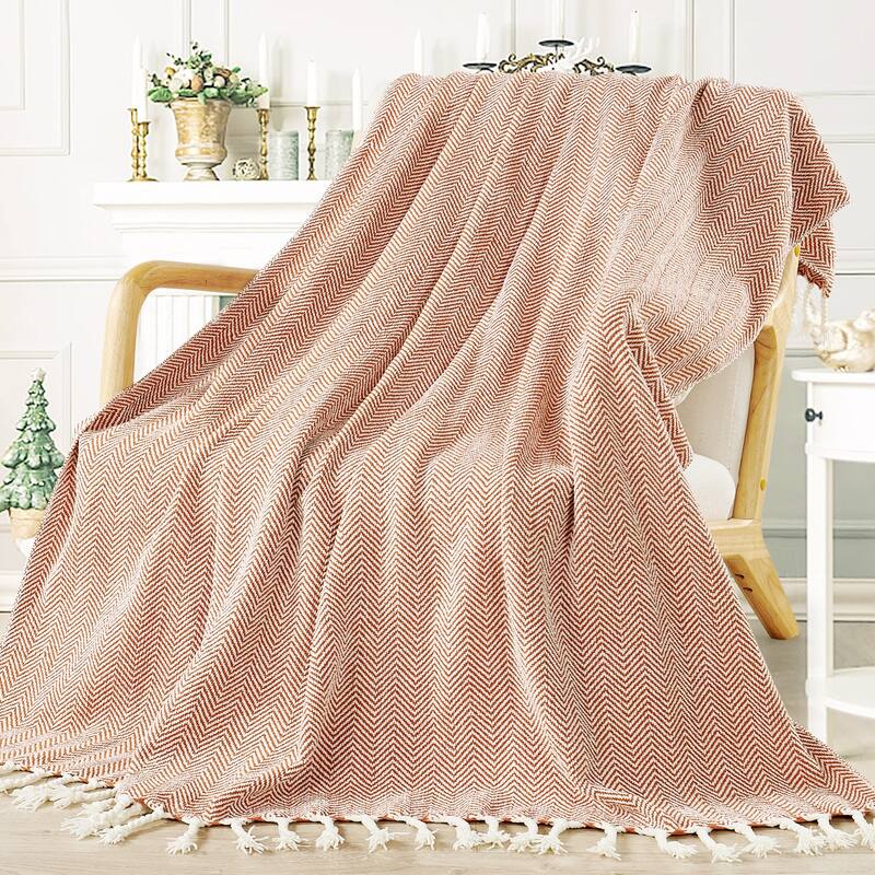 Extra Cozy Chevron Knit Throw Super Soft Knitted Blanket for Couch - 50" x 60" - Rust