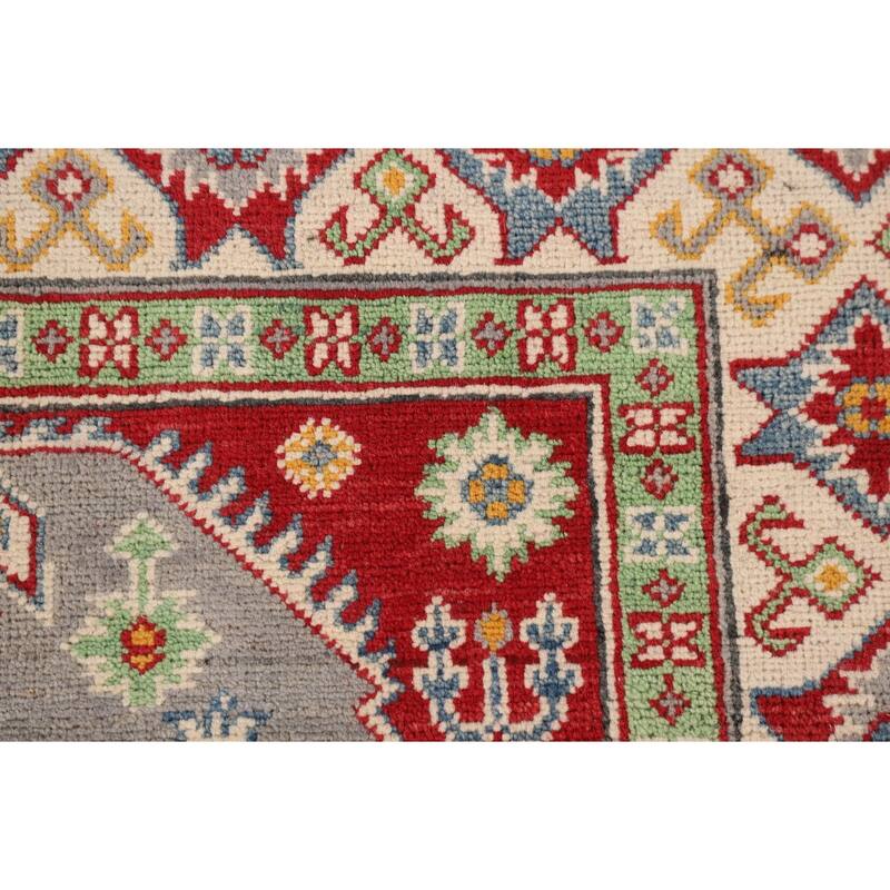 Gray Geometric Kazak Rug Hand-Knotted Oriental Wool Carpet - 5'1" x 6'9"