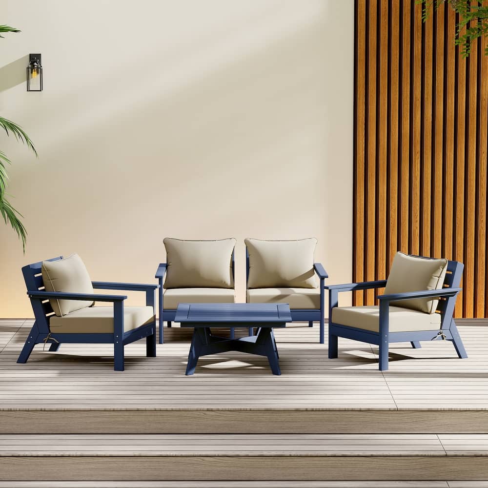 Birchwood All Weather HDPE Outdoor Patio Navy Blue Deep Seating Conversation Set (5-Piece Set)