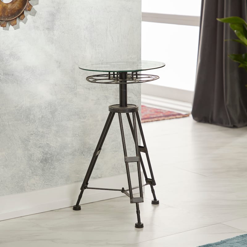 Black Metal Film Reel Accent Table with Tripod Legs and Glass Top - Black