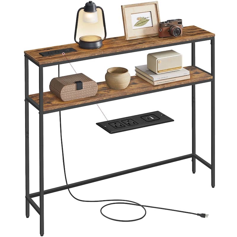 Rustic Brown 2-Tier Narrow Console Table with Power Outlet with Shelves for Hallways or Entryways