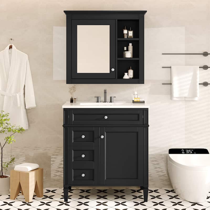 Roomfitters 30" Vanity with Sink, Cabinet with 2 Drawers and Tip-out Tray, Set with Mirror Cabinet, Freestanding Design - Black