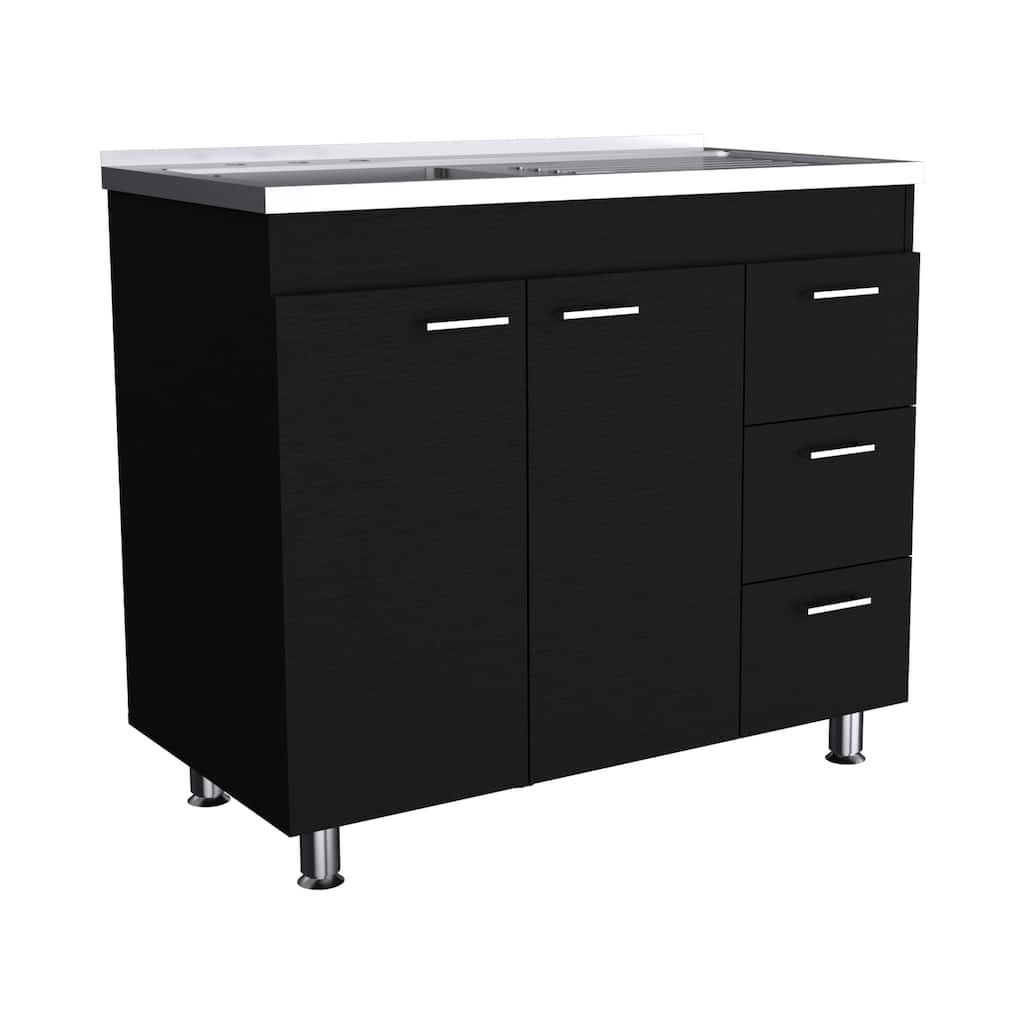 39-inch Wide Double Door Utility Sink cabinet with 3 Drawers - N/A