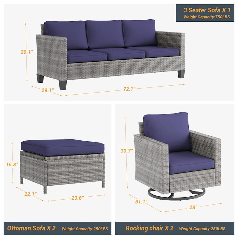 LIVOOSUN 5Pcs Patio Gray Rattan Outdoor Furniture Swivel Rocking Sofa Set