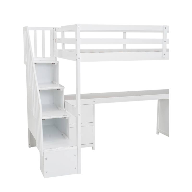 Twin Loft Bed with Built-in Desk and Double Drawers, White