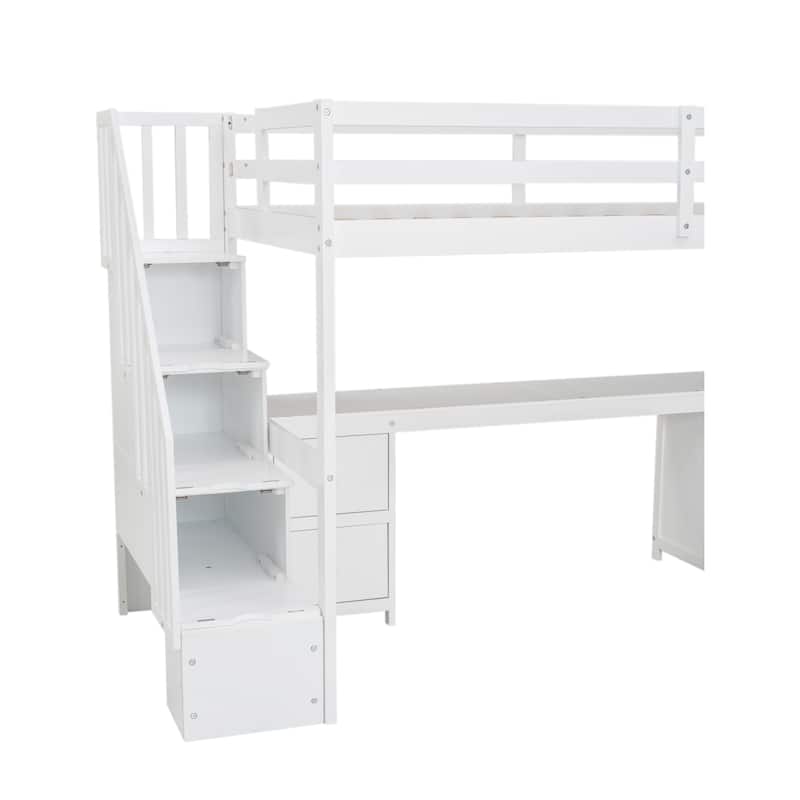 Twin Size Solid Wood Loft Bed with Built-in Desk and Storage Drawers