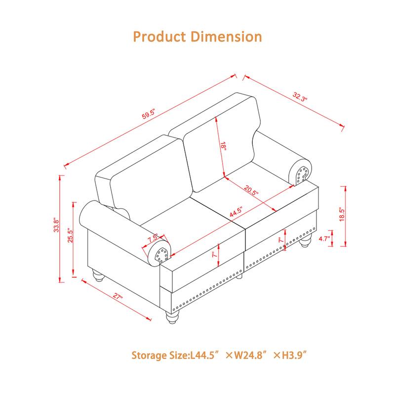 59.5" Modern Classic Loveseat, Brown Imitation Cowhide Leather with Storage