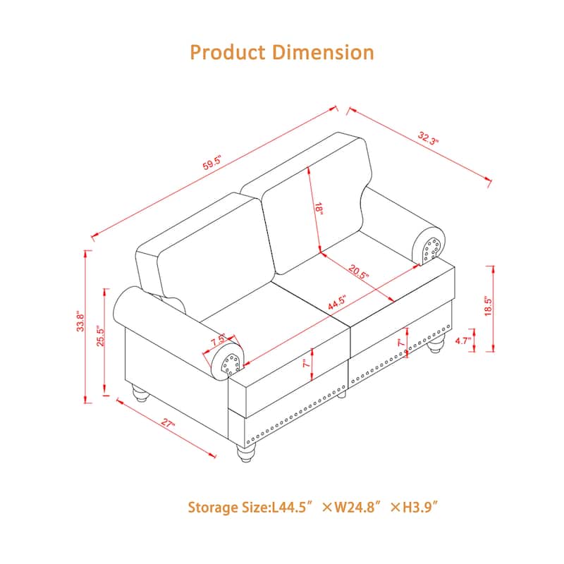 Roomfitters 59.5" Modern Classic Loveseat with Nailhead Trim, Upholstered Faux Leather Couch for Living Room