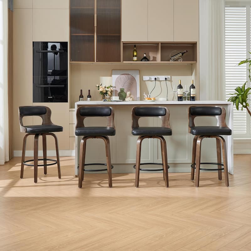 SEYNAR PU Leather 360 Degree Swivel Open Back Bar Stools Wood Legs Set of 4 - Black