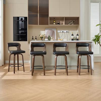 SEYNAR PU Leather 360 Degree Swivel Open Back Bar Stools Wood Legs Set of 4