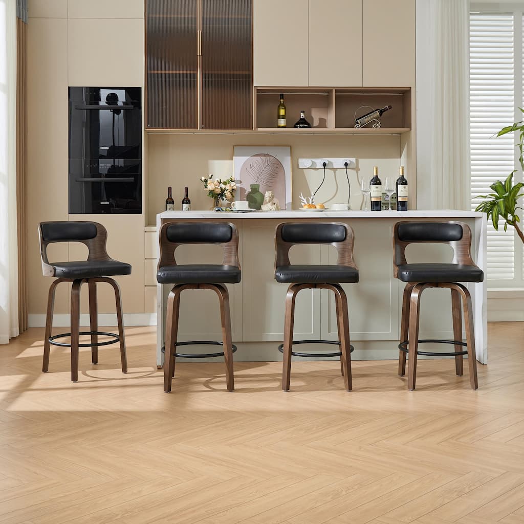 SEYNAR PU Leather 360 Degree Swivel Open Back Bar Stools Wood Legs Set of 4
