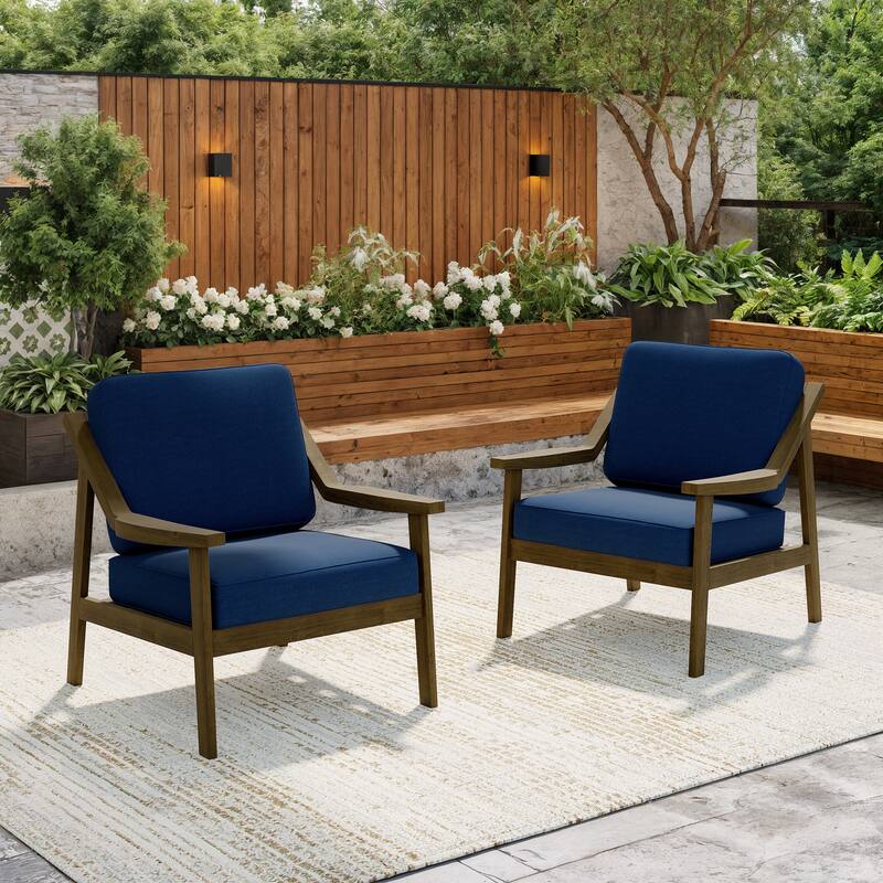 Solid Wood Outdoor Arm Chair Loveseat with Cushion - Brown/Navy - 2 Club chairs