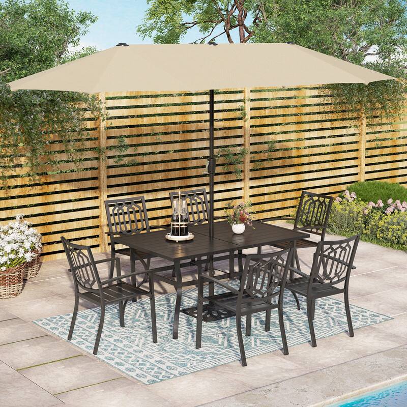 MAISON ARTS Patio Dining Set with 4/6*Metal Outdoor Chairs, Metal Square Dining Table and 10/13ft Patio Umbrella - Beige-8
