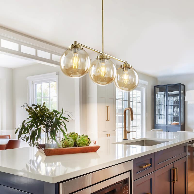 3-Light 33.46" Modern Gold & Antique Bronze Amber Glass Globe Linear Pendant - 33.46" W × 10.24" H × 7.87" D