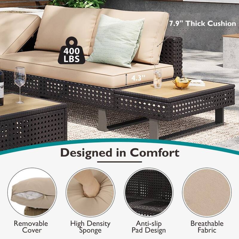 5-Piece Weave Patio Sectional Furniture Set with Extendable Coffee Table with Ice Bucket
