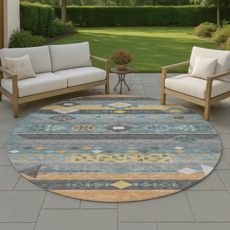 Machine Washable Indoor/ Outdoor Global Tuca Chantille Rug - Teal - 8' x 8'