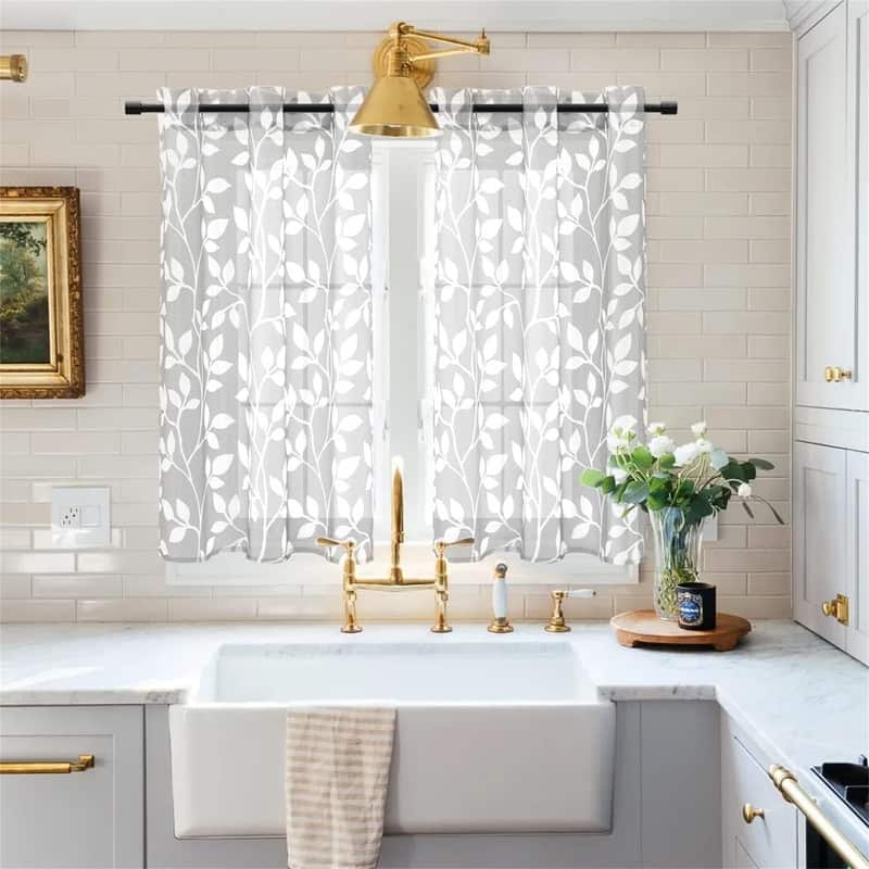 Grey Leaf Striped Sheer Curtains 48" Bathroom