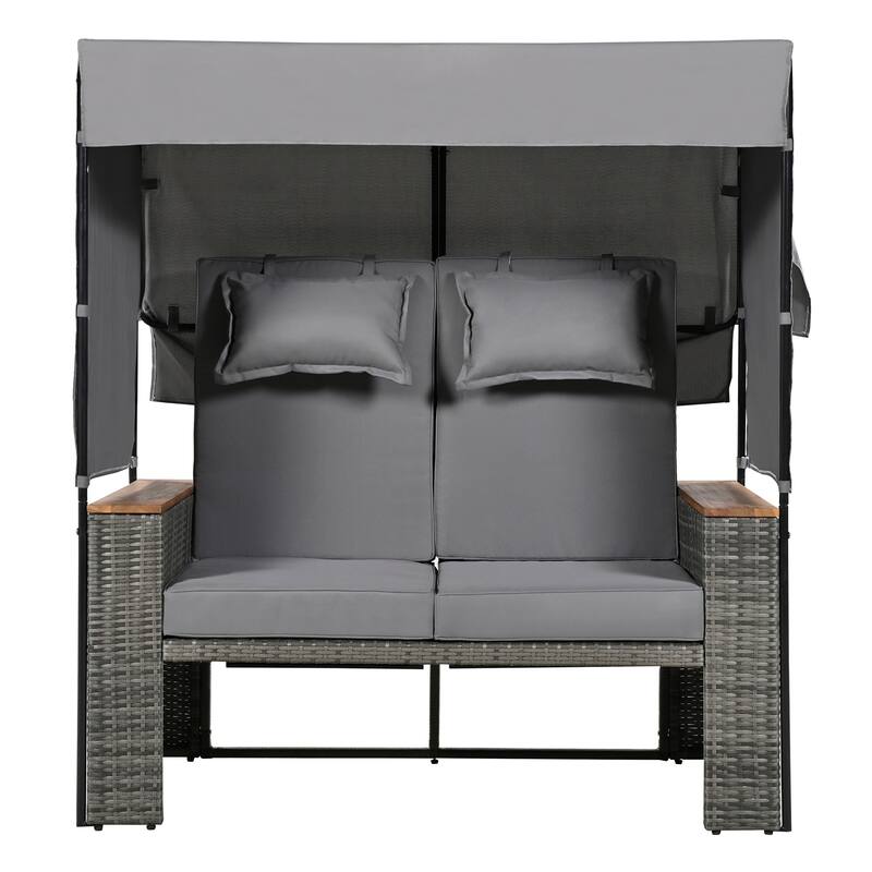 Outdoor 2-Piece Rattan Canopy Daybed Sunbed with Storage & Recliner
