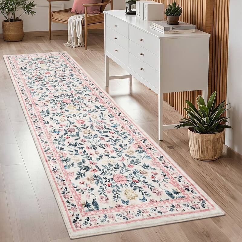 Living Room Rug Machine Washable Area Rug Non Slip Farmhouse Floral Rug Low Pile Soft Foldable Rugs