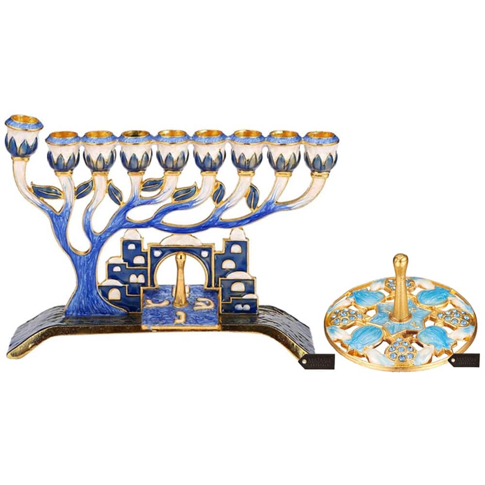 Matashi Hand Painted Blue Enamel Menorah Candelabra w/ Jerusalem City Design & Pomegranate Spinning Dreidel Ornament w/ Crystals