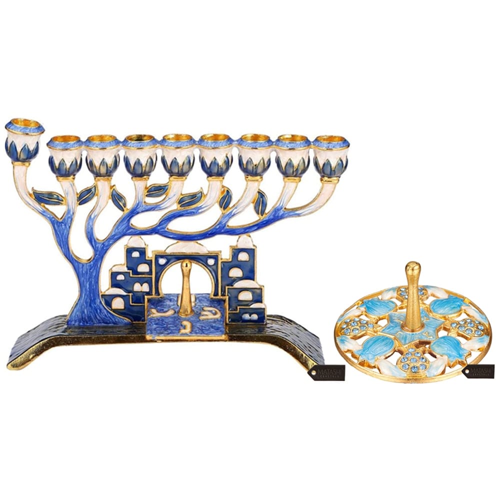 Matashi Hand Painted Blue Enamel Menorah Candelabra w/ Jerusalem City Design & Pomegranate Spinning Dreidel Ornament w/ Crystals