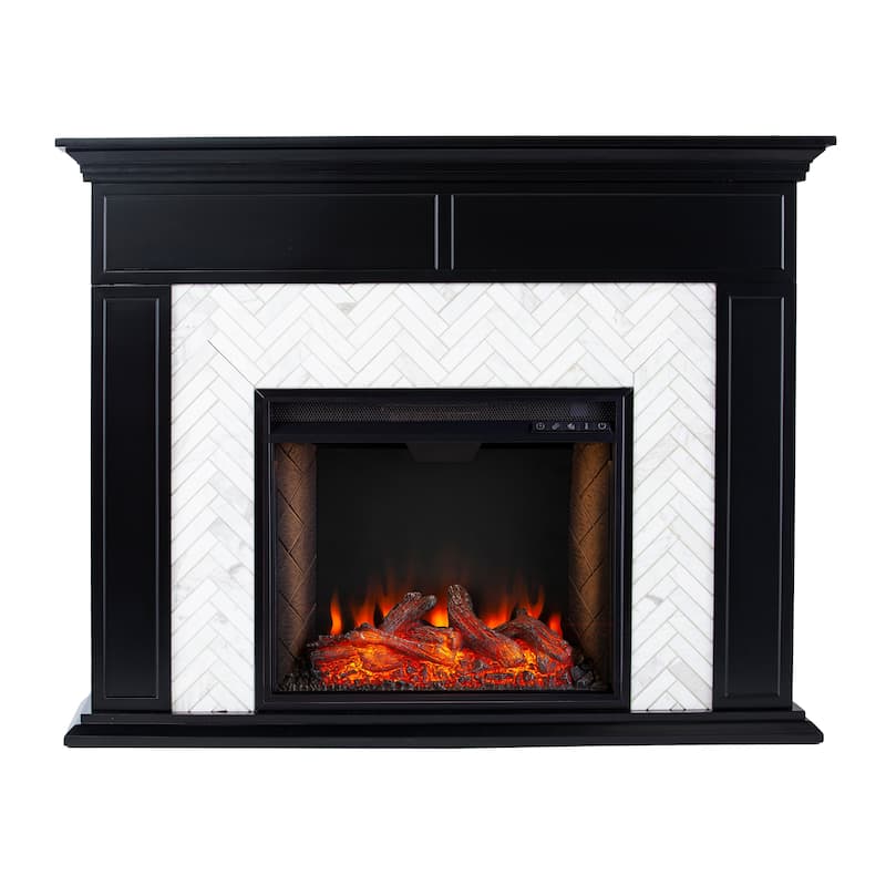SEI Furniture Torton Contemporary Electric Fireplace with Chevron Marble Tiled Mantel