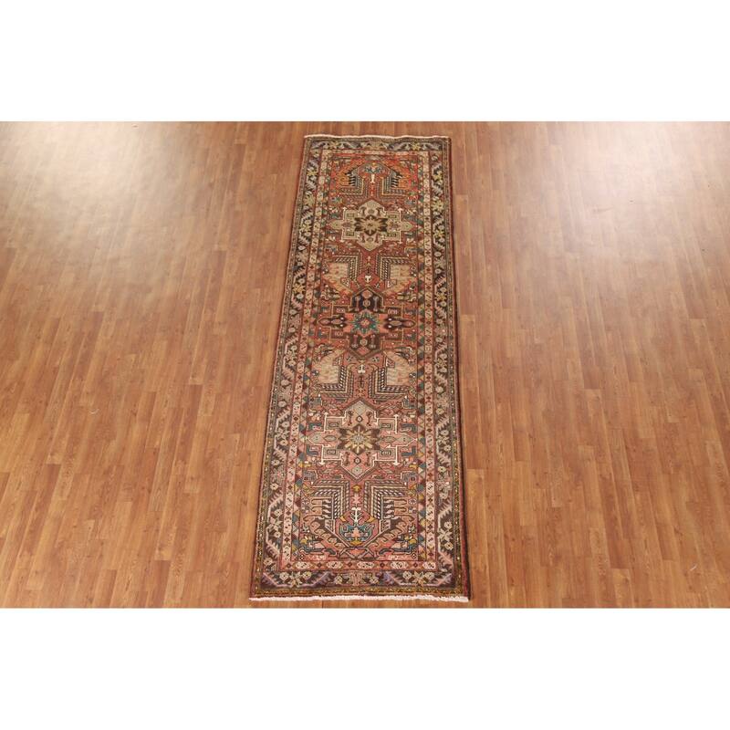 Geometric Handmade Heriz Persian Vintage Runner Rug - 3'5"x 10'7"