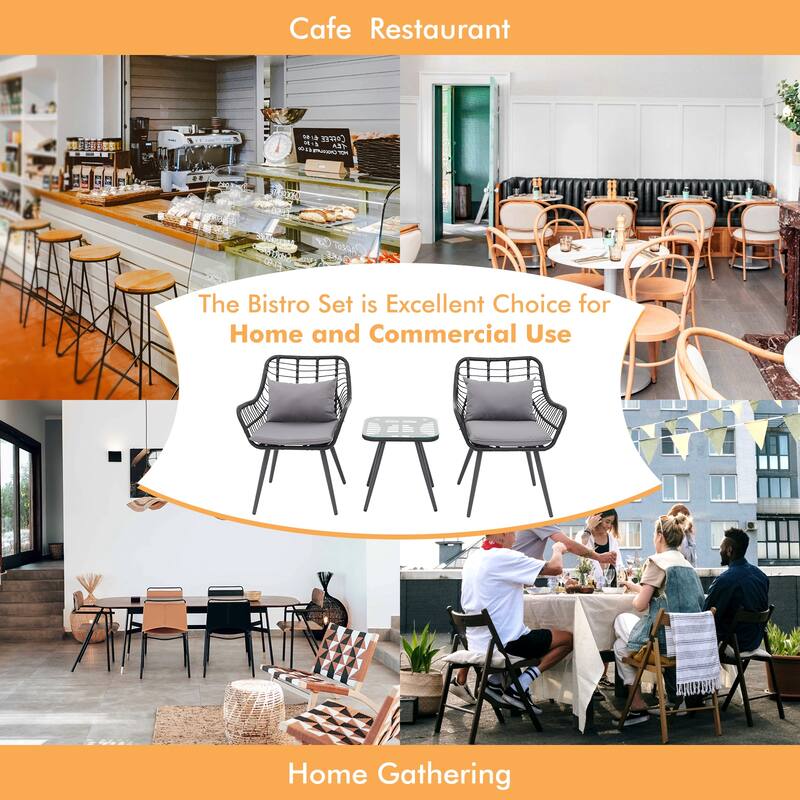 3-Piece Outdoor Patio Bistro Set with Handwoven Rattan, Tempered Glass Table, and Cushioned Chairs for Garden, Poolside