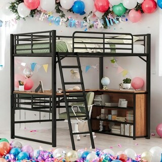 Full Size Metal Loft Bed with 3 Layers of Shelves and L-shaped Desk for Home