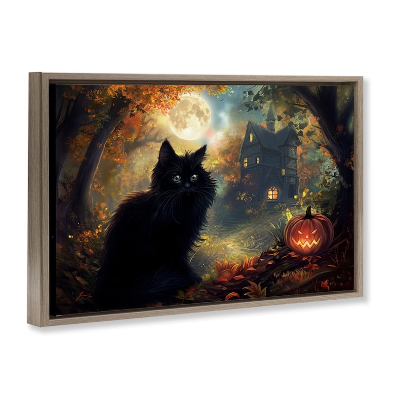 Stupell Black Cat & Haunted Mansion Framed Floater Canvas Wall Art Design By Wumples