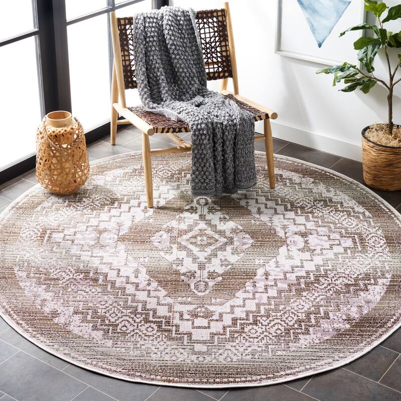 SAFAVIEH Havana Miny Indoor/ Outdoor Waterproof Geometric Rug - 6'7" Round - Light Brown/Ivory